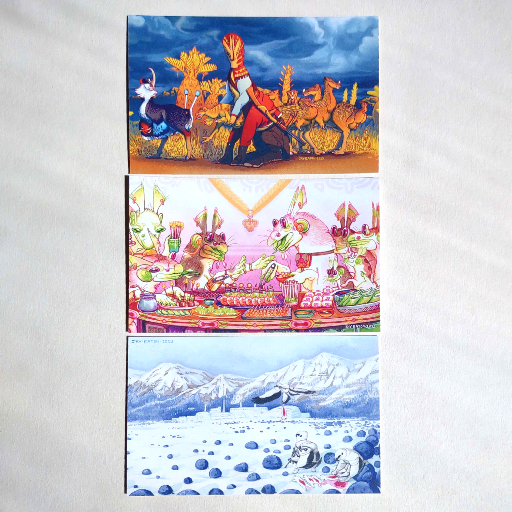 Three postcard sized prints. The top has a centaur posing with silk dairy livestock, the middle has bug ferrets arguing over dinner table arrangements, and the bottom has polar avians hunting on a globe moss ice field.